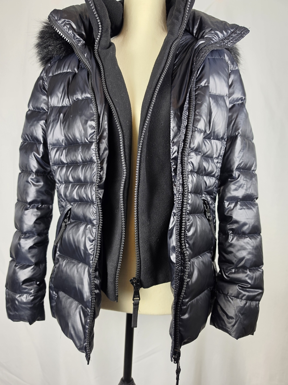 Calvin Klein Glossy Black Down Puffer Jacket Double Zip Bib Faux Fur Hood XS